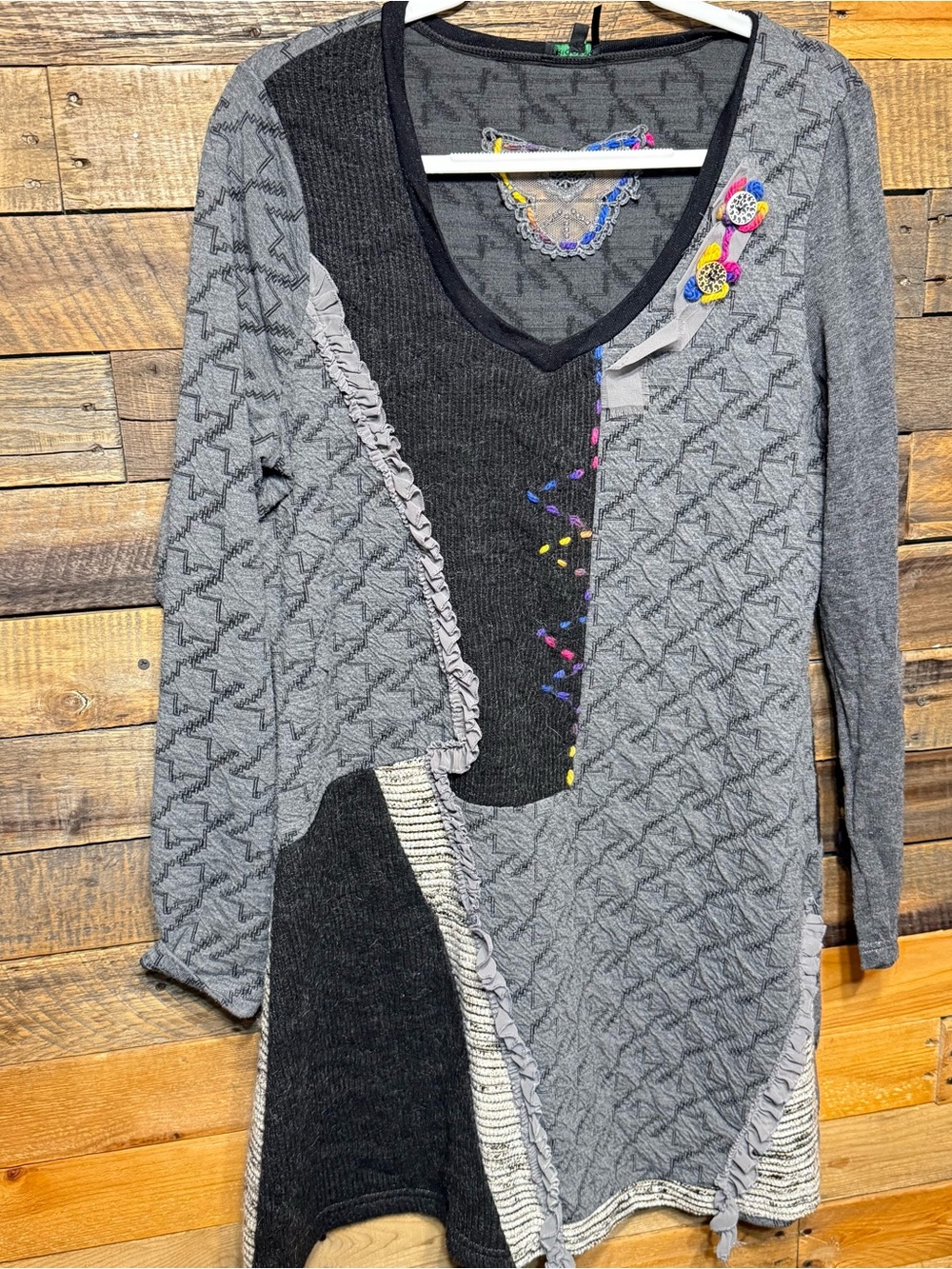 Tricotto Womens XL Grey Patchwork Textured Long Sleeve Tunic Dress Ruffles